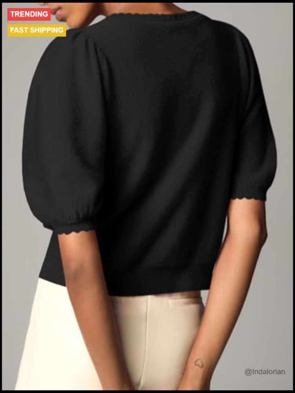 Puff Short Sleeve Cardigan Lightweight Summer Button Down Knit Crew Neck - Picture 5 of 7